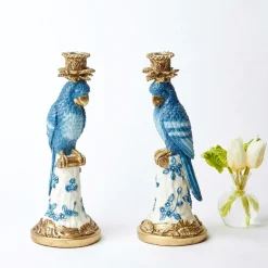 Best Mrs. Alice Blue & White Parrot Candle Holder (Pair)