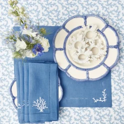 Hot Mrs. Alice Coral Blue Linen Placemats & Napkins (Set Of 4)