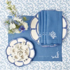 Hot Mrs. Alice Coral Blue Linen Placemats & Napkins (Set Of 4)