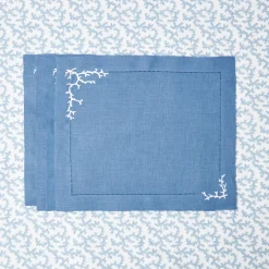 Hot Mrs. Alice Coral Blue Linen Placemats & Napkins (Set Of 4)