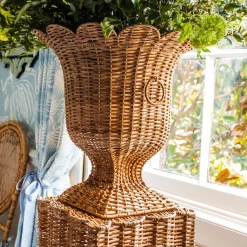 Clearance Mrs. Alice Liliana Scalloped Rattan Pedestal And Urn