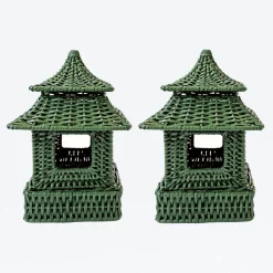 Clearance Mrs. Alice Mini Green Rattan Pagoda Lantern (Pair)