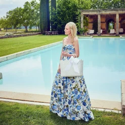 Sale Mrs. Alice White Rattan Tote Bag (Blue Bow)