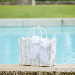 Sale Mrs. Alice White Rattan Tote Bag (Blue Bow)