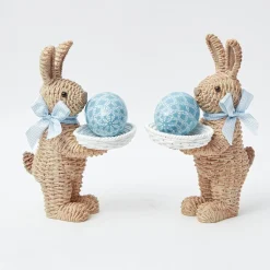 Hot Mrs. Alice Rattan Blue Ribboned Rabbit With Basket (Pair)