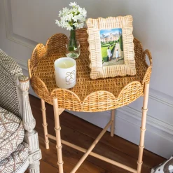 Sale Mrs. Alice Round Scalloped Rattan Tray With Stand