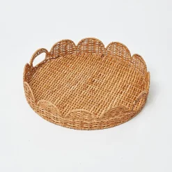 Sale Mrs. Alice Round Scalloped Rattan Tray With Stand