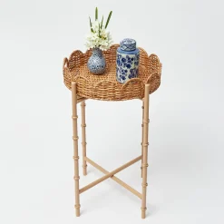 Sale Mrs. Alice Round Scalloped Rattan Tray With Stand