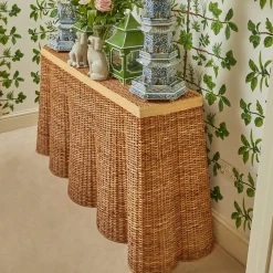 Discount Mrs. Alice Vivienne Rattan Scalloped Console Table